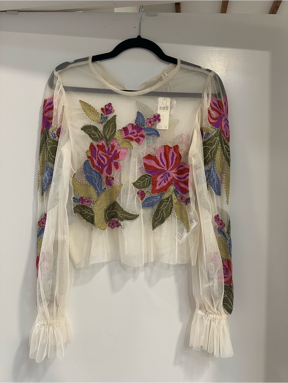 Anthropologie Long-Sleeve Appliqué Mesh Blouse, XS - NWT